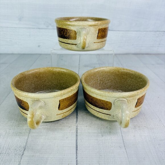 Pottery Craft USA #458 Beige Speckled Brown Stripe Ceramic Large Soup Mugs Set 3 - Picture 5 of 15